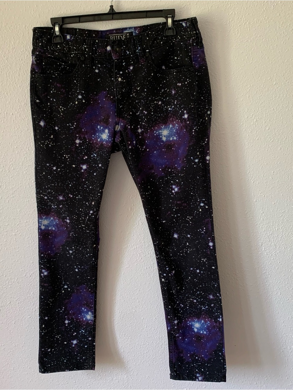 RUDE Galaxy Print Skinny Jeans - Black & Purple 32” Waist